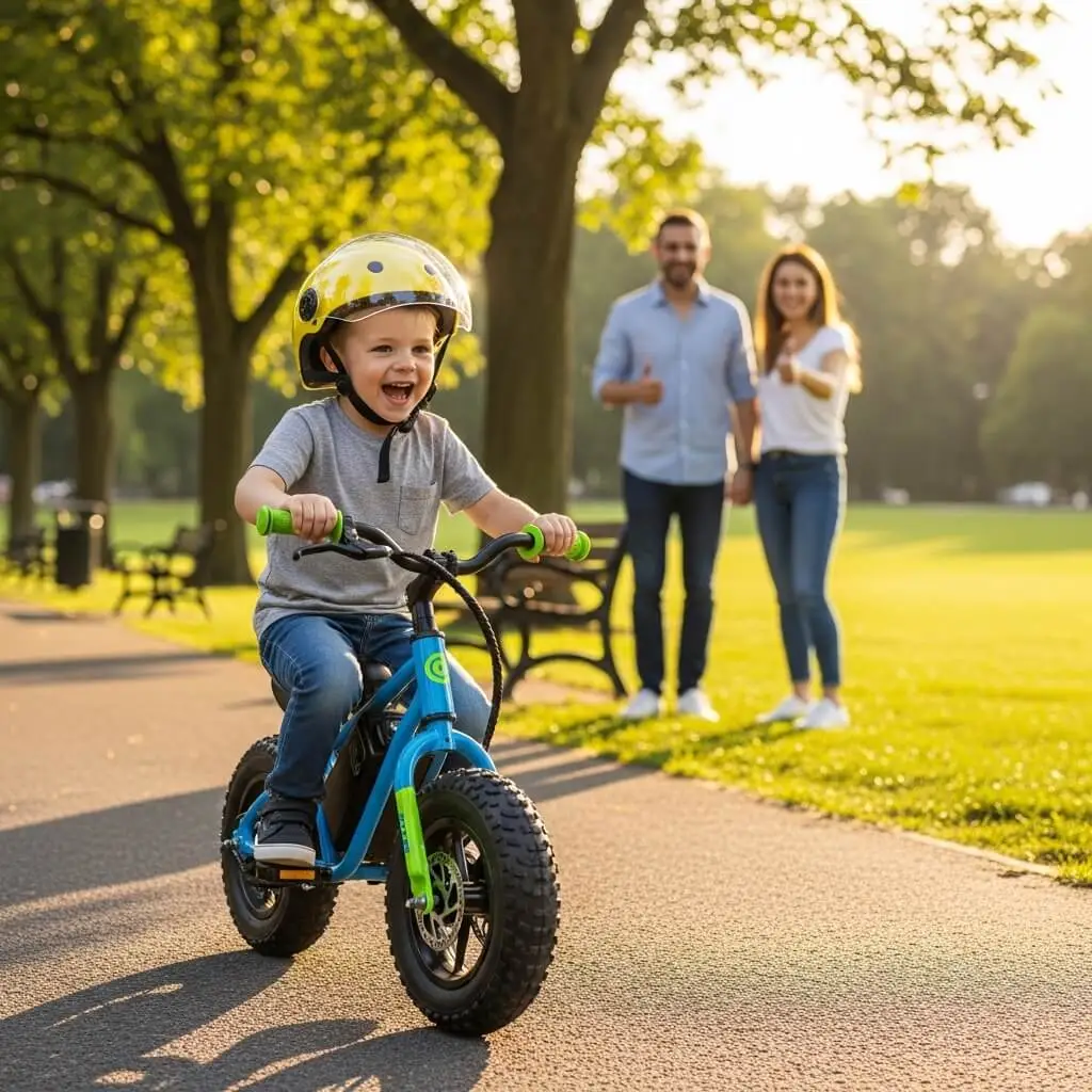 Little kid riding on mini electric bike